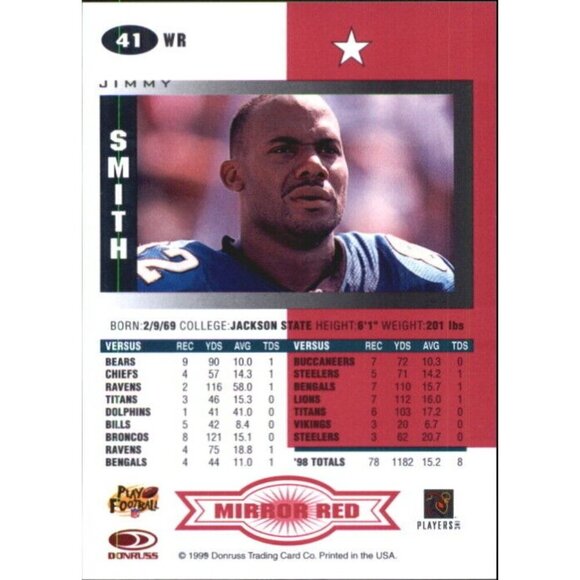 1999 Leaf Certified Mirror Red Jaguars Football Card #41 Jimmy Smith - Picture 2 of 2
